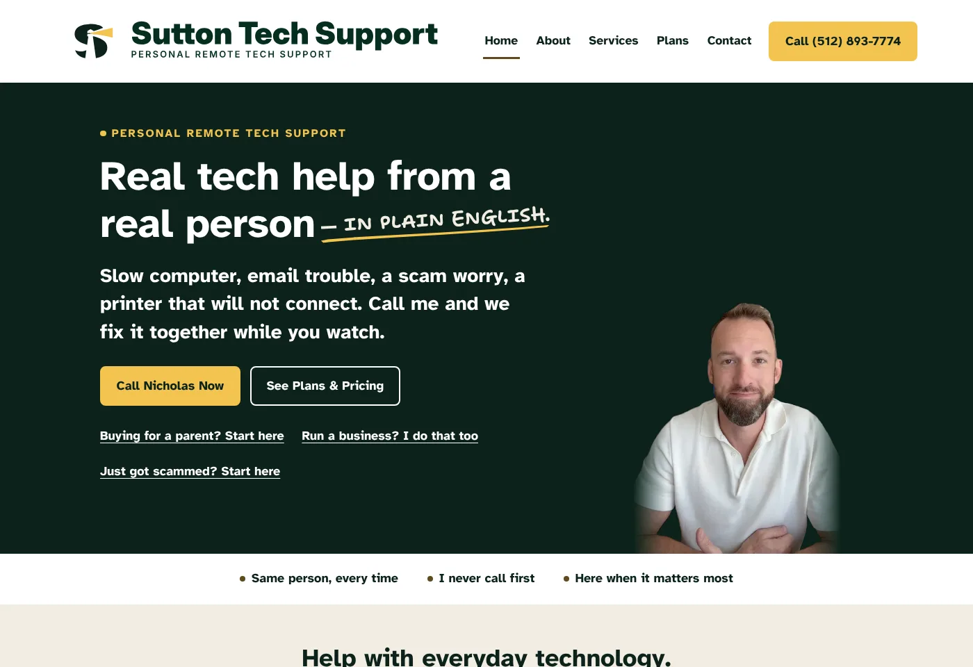 Sutton Tech Support home page after the rebuild, desktop view