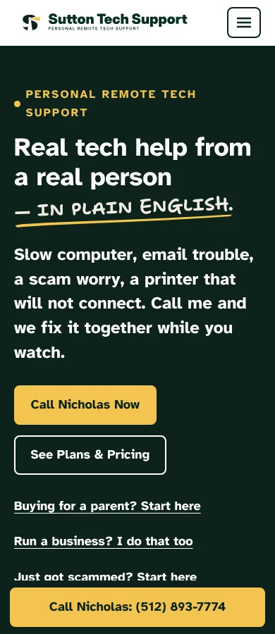 Sutton Tech Support home page after the rebuild, mobile view
